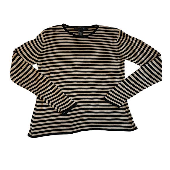 August Silk Striped Black & Beige Long Sleeve Crew Neck Knit Top Medium - Picture 1 of 9